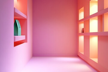 Poster - Pink room with built-in shelves and lighting.