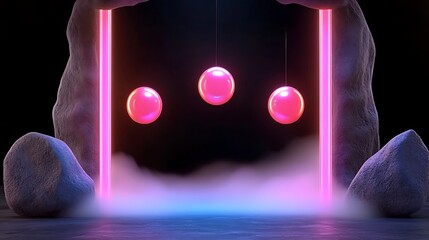 Canvas Print - Pink spheres hang in a neon-lit rock cavern.