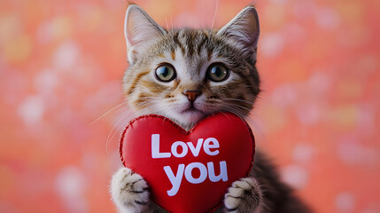 Canvas Print - Cute cat holding a heart with the text 