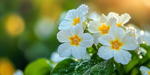 Wall Mural - Delicate white and yellow flowers adorned with water droplets on the leaves create a stunning nature scene. These white and yellow flowers showcase beauty enhanced by the glistening droplets.