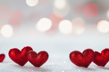 A Valentine's Day background with small glitter red hearts scattered across the bottom, set against a soft white bokeh light background.