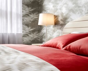 Canvas Print - Red bedding, pillows, and lamp on a bedroom.