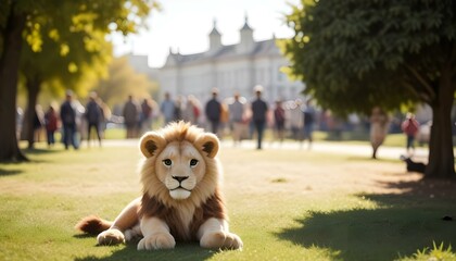 A stuffed lion sitting on a grass in front of a blurred group of people walking in the background on a sunny day