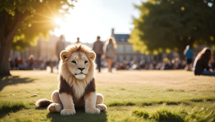 A stuffed lion sitting on a grass in front of a blurred group of people walking in the background on a sunny day