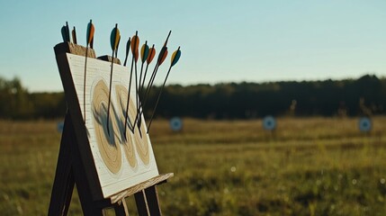 Wall Mural - A tranquil archery range with arrows neatly arranged in a target board, A clean, open field with perfectly spaced targets