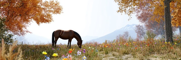 Wall Mural - A serene landscape featuring a horse grazing among colorful flowers in an autumn setting.