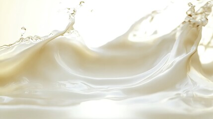 Wall Mural - Close-up of white milk liquid flowing, background with a light beige color