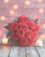 Canvas Print - Romantic red roses bouquet on wooden table with candles and bokeh lights.