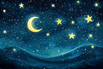 Wall Mural - Crescent moon and stars in a night sky.