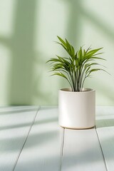 Poster - Small potted plant on white wooden floor with sunlight shadows on a green wall.