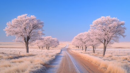 Wall Mural - Frosted Wonderland. Scenic winter road. Country road through snow covered trees under blue sky.