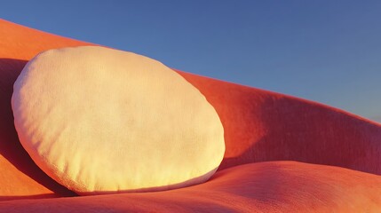 Canvas Print - Soft white cushion on a coral-colored textured surface against a clear blue sky.