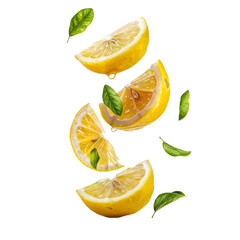 Wall Mural - Lemon Slices Falling: A burst of freshness and tanginess as juicy lemon slices and leaves dance through the air, evoking a sense of vibrant energy and citrus delight.  