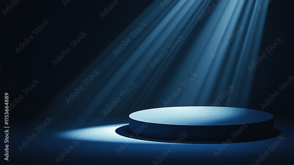 Minimalist blue background for product presentation with an empty round ...