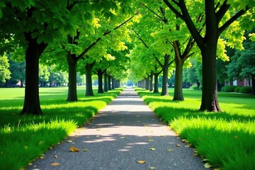 Naklejka na meble Concrete sidewalk vanishes into greenery under trees, path, horizon