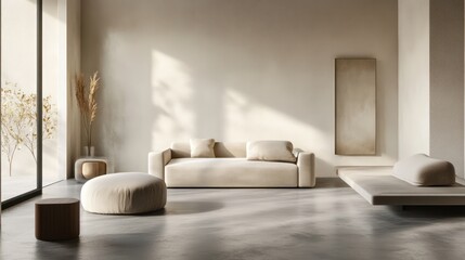 Wall Mural - A tranquil minimalist living room with natural light, neutral-toned furniture, and smooth concrete flooring