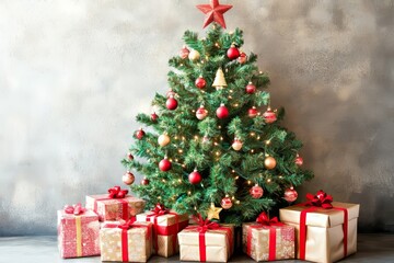 Poster - A Christmas tree beautifully decorated with soft yellow lights, set against a backdrop of bokeh effect. The interior of the apartment features traditional New Year holiday decor, softly lit to