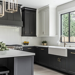 Modern kitchen with black and white cabinetry, stainless steel appliances, and farmhouse sink. design features elegant lighting and bright, airy atmosphere