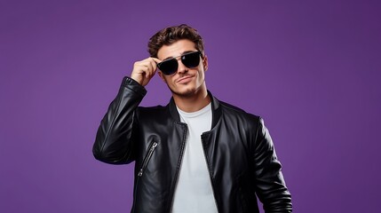 young man in leather jacket smirking and adjusting sunglasses on vibrant purple backdrop