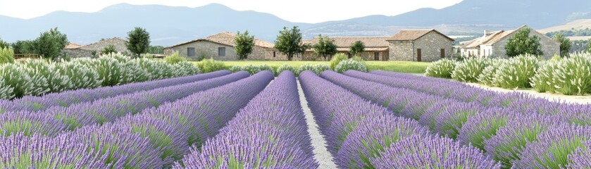 Wall Mural - A scenic view of lavender fields with rustic houses and mountains in the background.