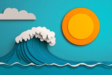 Poster - A clean, flat design of a wave curling gently under a bright yellow sun, symbolizing Hawaiian beaches