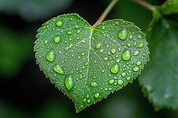 Poster - A close-up of dewdrops forming the shape of a heart on a delicate green leaf during early morning light