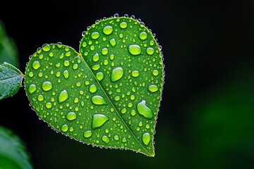 Aufkleber - A close-up of dewdrops forming the shape of a heart on a delicate green leaf during early morning light