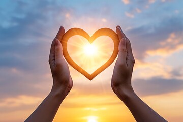 Poster - A close-up of two hands forming a heart shape against a glowing sunset, with rays of light streaming through the center