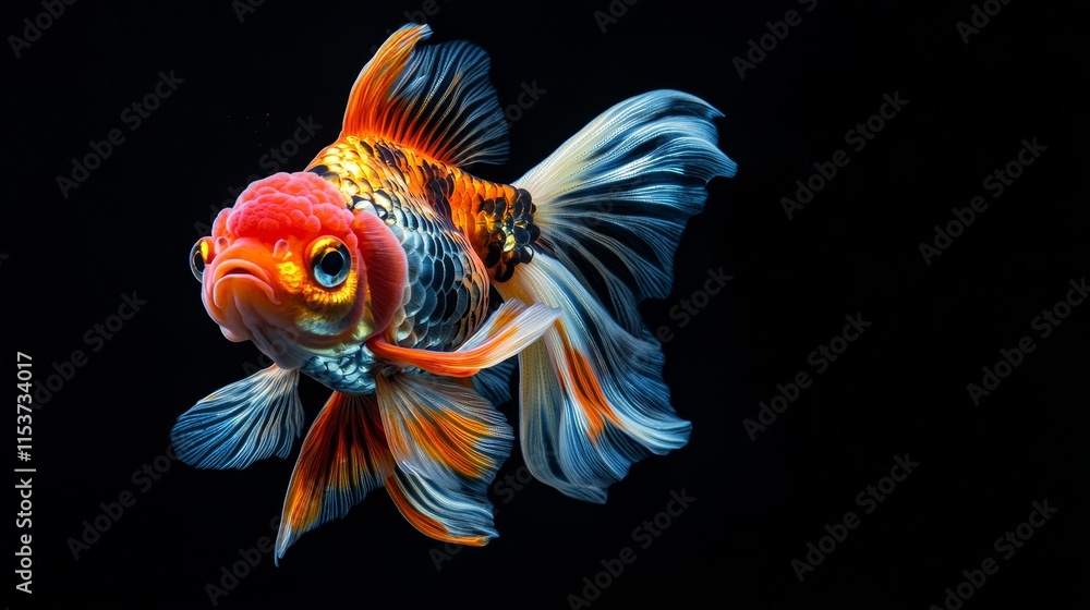 Tiger Oranda Goldfish displayed dramatically against a black background ...