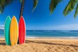 © Thanyarat - A row of surfboards standing upright in the sand at Waikiki Beach, surrounded by a calm ocean and clear skies