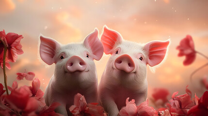 Wall Mural - Two cute pigs looking at the camera, pale red clouds, blurred background