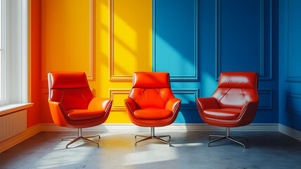 Sticker - Three red leather chairs are sitting in front of a yellow wall