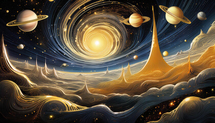Wall Mural - fragment of an interstellar nebula in gold. clouds of cosmic gas with stars. astronomical image of t