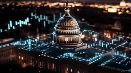 Wall Mural - financial data, government building. a digital representation of a landmark building overlaid with f