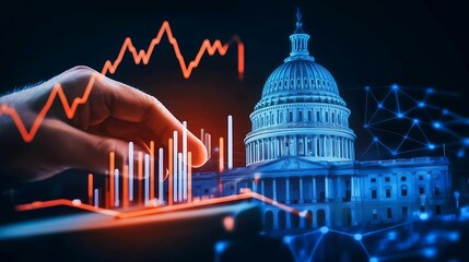 Wall Mural - financial data, government building. a hand interacts with a digital graph in front of a stylized u.