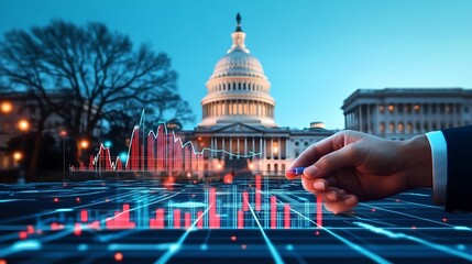 Wall Mural - financial data, government building. a hand interacts with digital graphs against a backdrop of the 