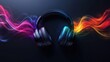 © godex - Headphones in a Symphony of Color: A pair of sleek black headphones are positioned against a dark backdrop, engulfed by vibrant, dynamic waves of color that evoke the feeling of music.