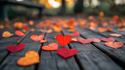 Wall Mural - many red and orange hearts scattered beautifully on a rustic wooden floor