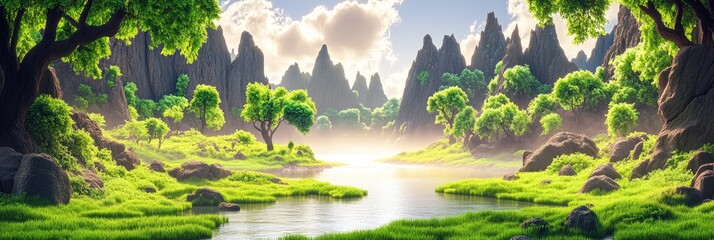 Wall Mural - A serene landscape with mountains, lush greenery, and a tranquil body of water.