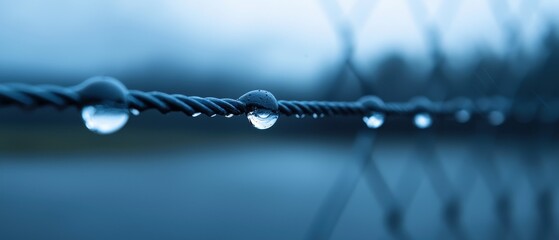 A chain link fence with water droplets on it