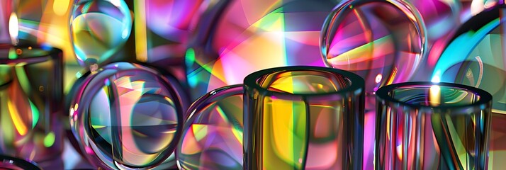 Glass objects display vibrant dispersion colors. Light splits into a spectrum, creating a colorful, abstract effect. Optical, artistic, and bright.

