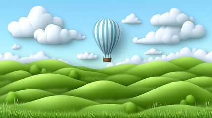 Striped hot air balloon floats over rolling green hills and fluffy white clouds in a bright blue sky.