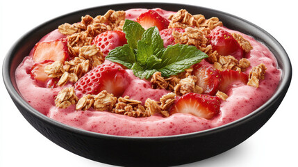 A vivid pink berry smoothie bowl featuring sliced strawberries, granola clusters, and a hint of drizzled honey, styled perfectly with mint leaves, clear white background, bold color separation, natura