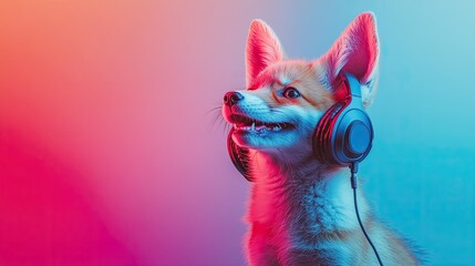 fox puppy in headphones on a solid color background, faceted, minimal, abstract, panoramic background