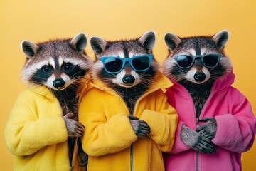 Wall Mural - raccoons. three people, bright fashionable outfits, isolated on a solid advertising background.