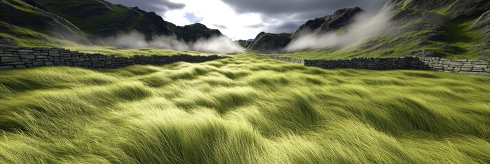 Wall Mural - A serene landscape featuring lush green grass and mountains under a cloudy sky.