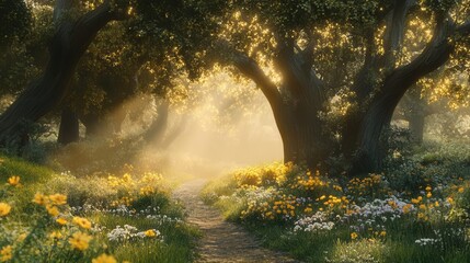 Wall Mural - enchanted forest pathway with golden sunbeams filtering through ancient oak trees, creating mystical atmosphere with morning mist and wild flowers