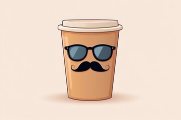 Poster - A clean flat design of a hipster coffee cup with a mustache and glasses printed on it, in soft pastel tones