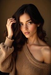 Wall Mural - A woman with wavy dark brown hair, wearing an off-shoulder oversized brown knit sweater