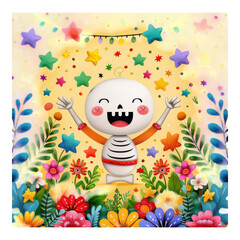 Wall Mural - Happy Skeleton with Colorful Flowers and Stars Against Yellow Background